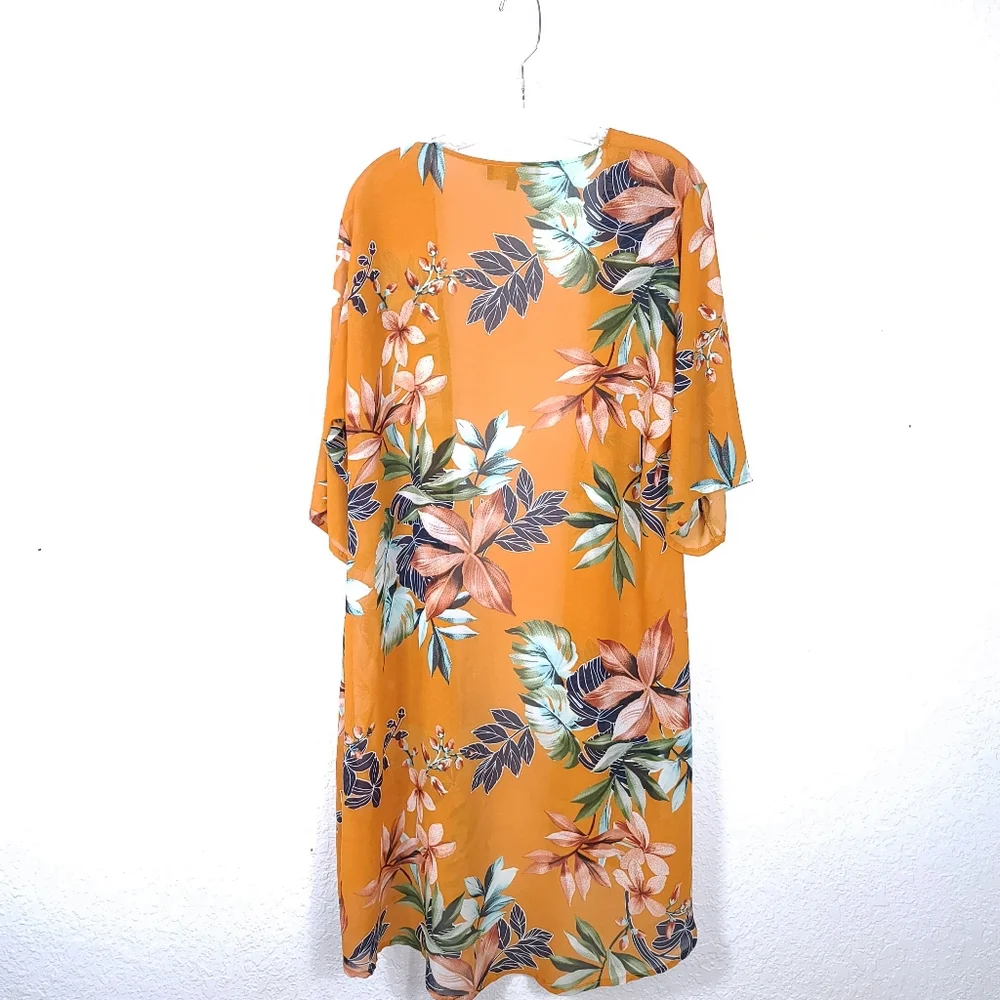 L&B Sheer Floral Kimono Cardigan – Orange Green Boho Resort Style – Small - Picture 6 of 9